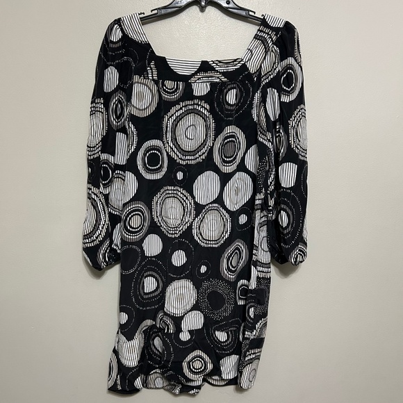 VTG Dress S 100% Silk Black Beige Geometric Square Neck 3/4 Sleeve Coctail Party - Picture 2 of 8